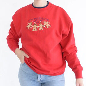 Vintage M&C Sportswear Red w Embroidered Gingerbread Men Crewneck Sweater L